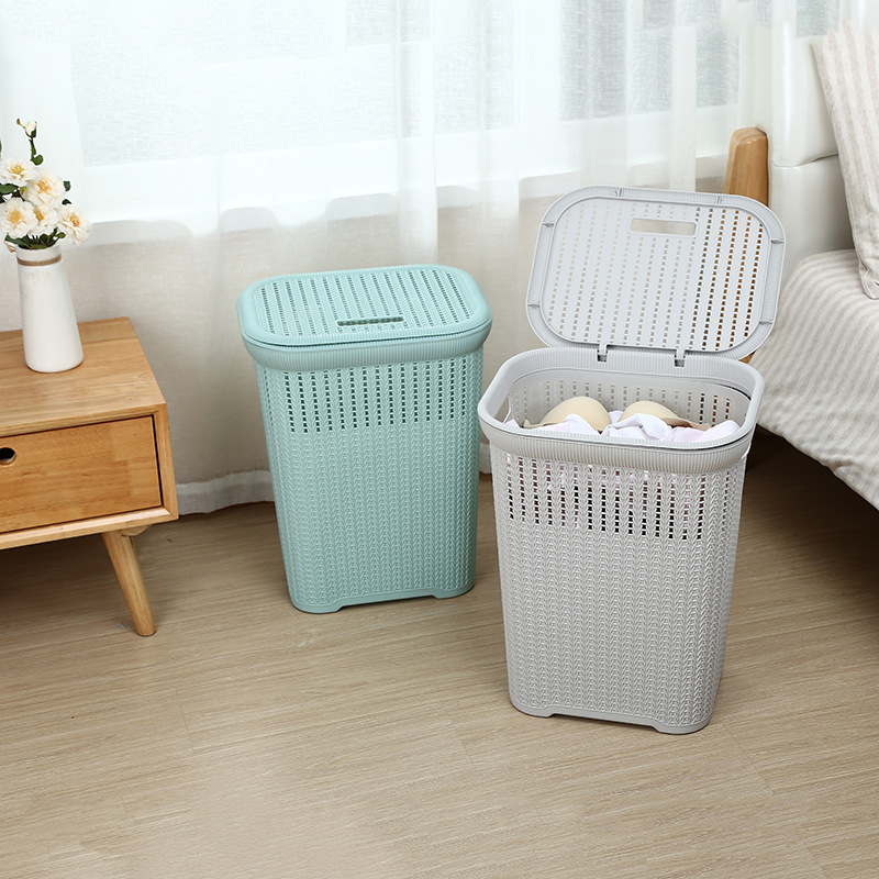 Large Plastic Rattan-Style Laundry Basket with Lid for Bathroom Storage, Hollow-Out Design, Suitable for Hot Pot Restaurant Use