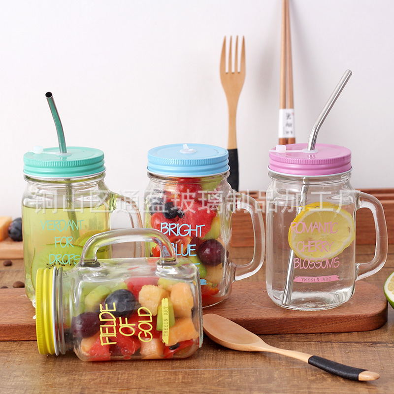 厂家公鸡杯梅森杯饮料杯透明玻璃把手杯梅森瓶夏日柠檬杯子带灯