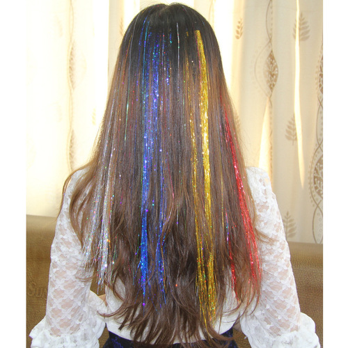 Colorful shiny hair extensions, colorful silk, colorful silk, gold and silver wire, glittery hair extensions, laser wire glitter hair extensions