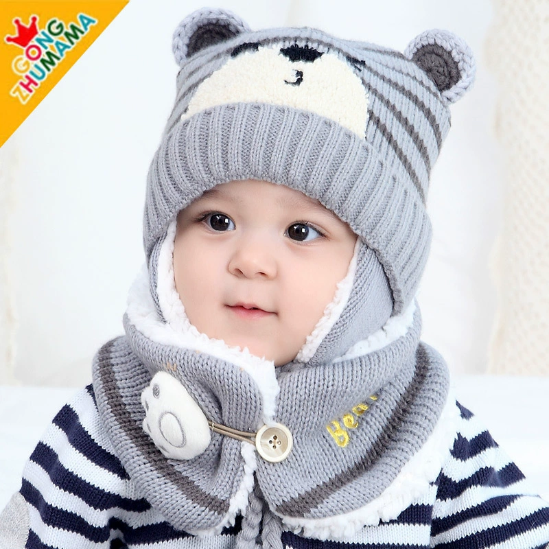 Детская шапка из флиса, осенне-зимняя вязаная шерстяная шапка в корейском стиле с защитой ушей в виде медвежат и шейный утеплитель, оптовая продажа.