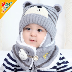 嬰兒帽子加絨秋冬針織童帽可愛小熊嬰童毛線護耳帽圍脖兩件套批發