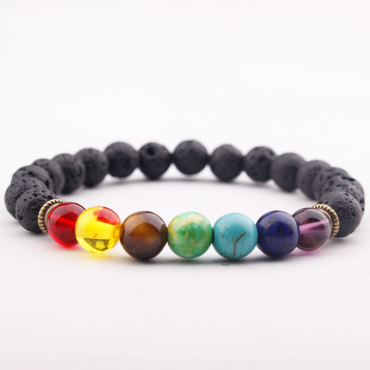 Natural Lava Stone Bracelet, Antique Copper Single-Circle Elastic Beaded Bracelet, Men's Simple Tiger Eye Volcanic Stone Colorful Bracelet Natural Lava Stone Bracelet, Antique Copper Single-Circle Elastic Beaded Bracelet, Men's Simple Tiger Eye Volcanic Stone Colorful Bracelet