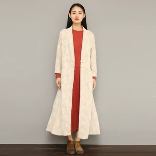 2024秋 女棉麻提花汉服式围巾领手工盘扣长风衣 一件代发厂家直销