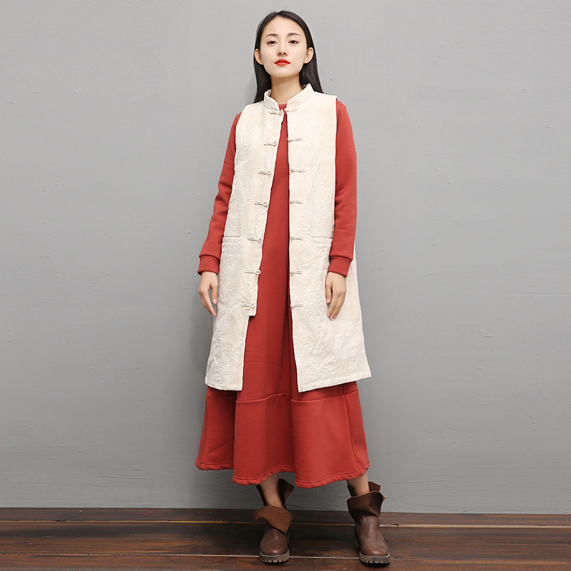 2024秋冬女提花棉麻中长款手工盘扣修身夹棉马甲一件代发厂家直销