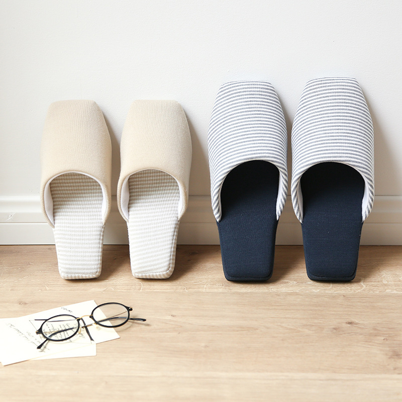 Couple's knitted striped square toe soft bottom home slippers men's and women's wooden floor winter indoor home Couple's knitted striped square toe soft bottom home slippers men's and women's wooden floor winter indoor home