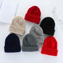 Winter warm and thickened versatile European and American dome knitted hat rolled edge fashion hat solid color pullover adult woolen hat