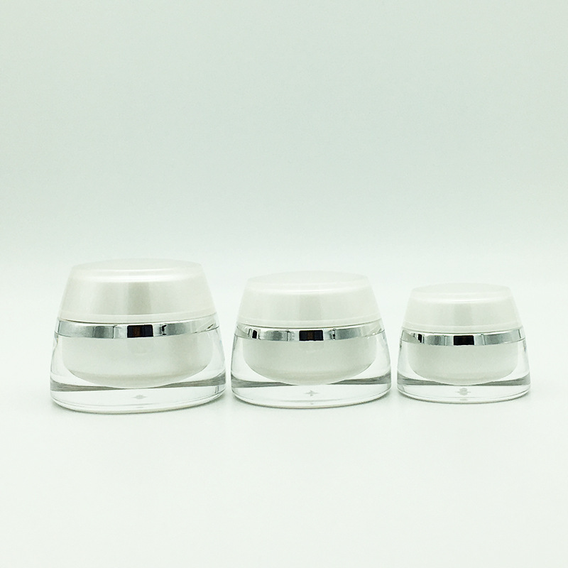 厂家供应 高档平盖弧叶形亚克力瓶  新款锥圆珠光白烫银边面霜瓶