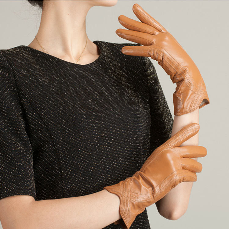 Amazon moda mujer invierno guantes calientes Cordero real cuero hecho a mano curva guantes de piel de oveja KU-036