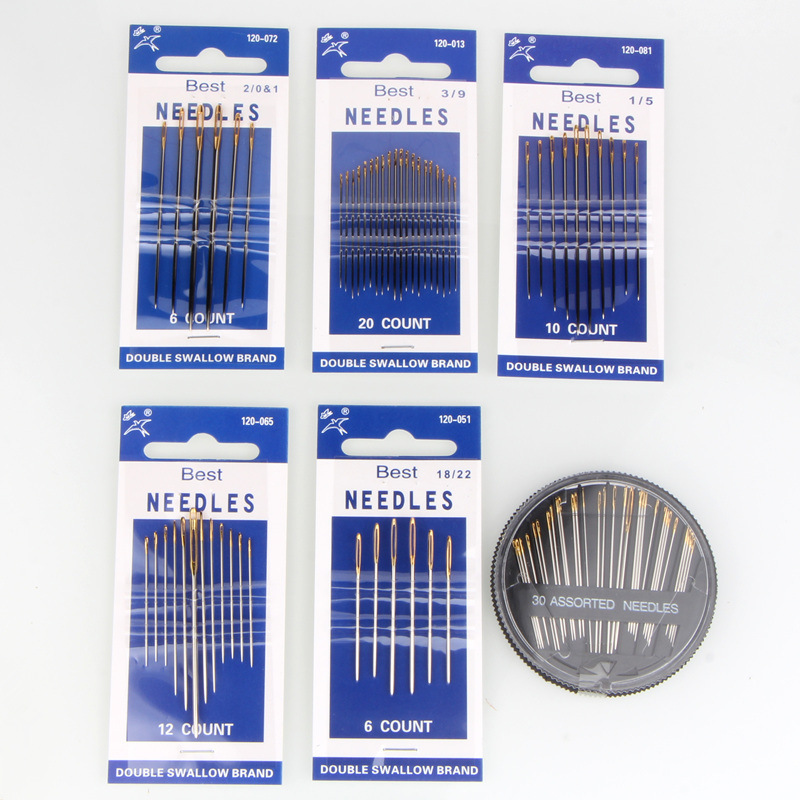 Agujas de coser a mano azules al por mayor del fabricante, agujas de bordado de punto de cruz hechas a mano con puntas doradas, agujas de coser domésticas para ropa, varios tamaños, agujas de ojo grande.