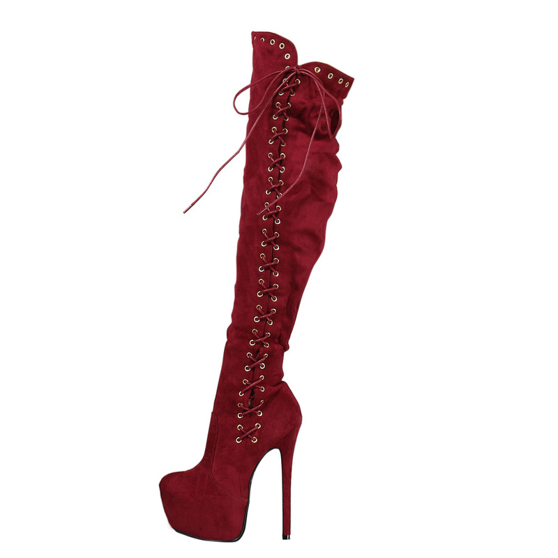 European and American ladies wine red side lace high heel waterproof platform knee boots manufacturers directly supply cross-border e-commerce eBay
