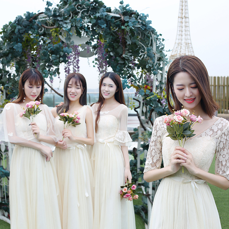 Champagne-Colored Bridesmaid Dresses, Long Style, 2025 New Style Bridesmaid Group Sister Dresses, Evening Dresses, Women's Lace Dresses