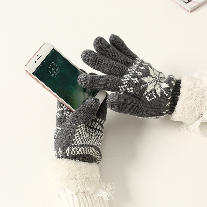 thumbnail image 1 of Guantes de punto con forro polar de invierno, cálidos guantes de dibujos animados, engrosados, con copos de nieve, ciervos, guantes de pantalla táctil de punto para mujer, 1 of 6