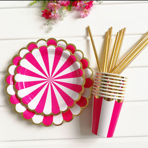 Bronzing Rose Red Striped Petal Paper Plate Tableware Disposable Party Wedding Birthday Party Dinner Plate Paper Plate Straw