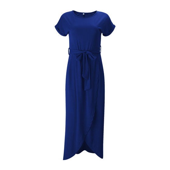 new women's solid color reverse sleeve flat short sleeve round neck irregular dress
