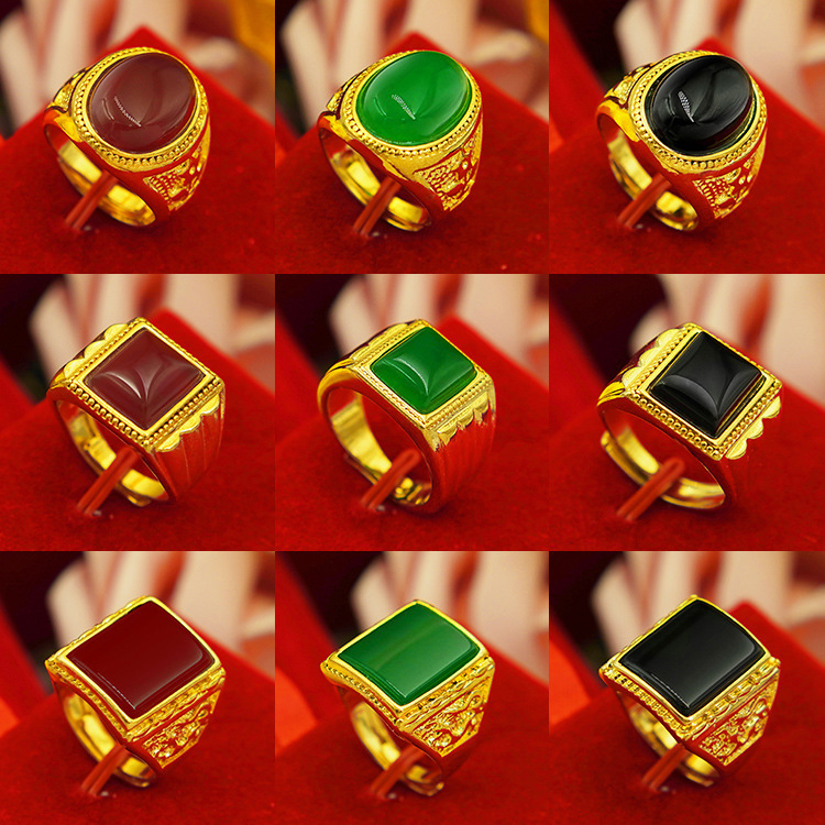 Gold-Plated Pure Brass Ring for Men, Long-Lasting Color Retention, Agate Inlay, Chinese Style Jewelry