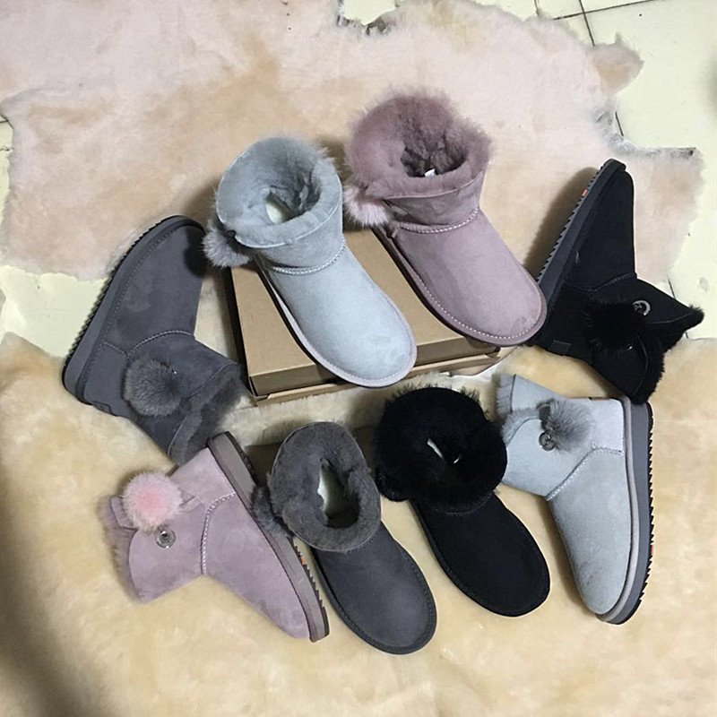 跨境专供冬季狐狸毛球羊皮毛一体平底短筒短靴棉鞋羊毛雪地靴女