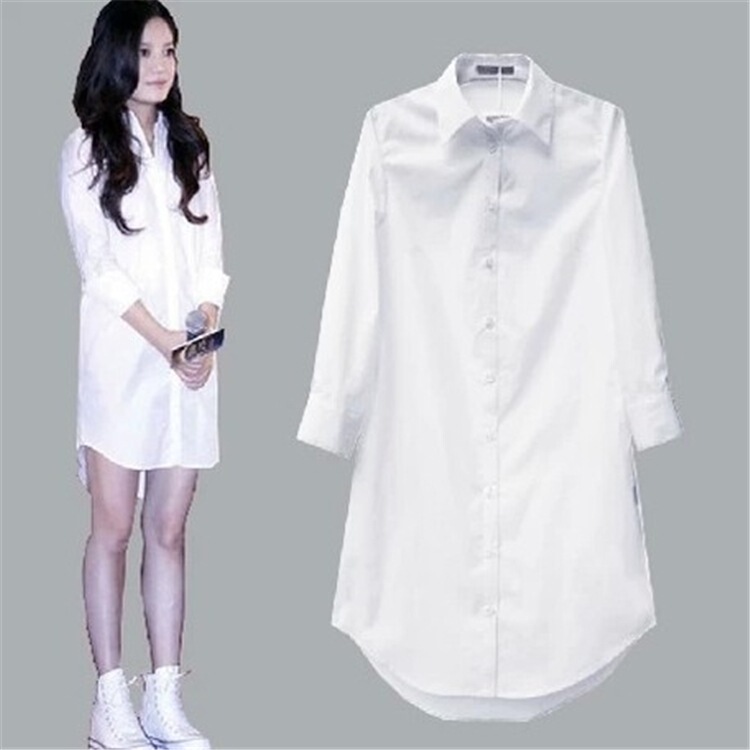 New Korean Style Boyfriend Bf Style Large Size Long-Sleeved White Shirt Dress Pajama Top Loose Shirt Mid-Length Shirt for Women
