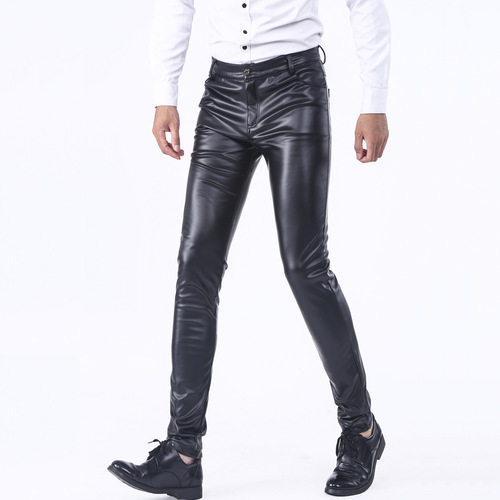 Autumn/Winter Men's Slim Fit Leather Pants, Knee-High Tight Elastic Trendy Biker Pants for Men with Extra Warmth