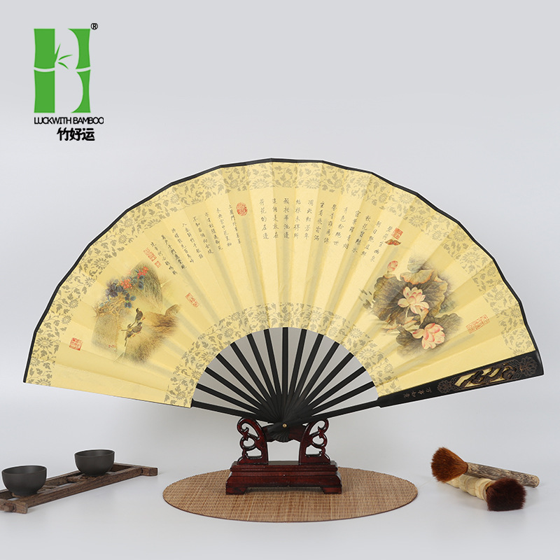 Cabeza verde molienda pulido transparente estilo antiguo plegable ventilador de 10 pulgadas ventilador de los Hombres estilo chino bambú ventilador antiguo estilo tallado logo