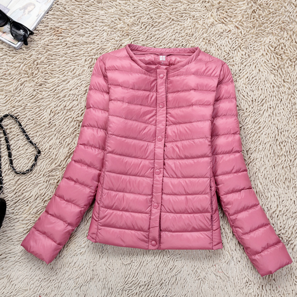 2023年秋冬轻薄鸭绒内胆圆领羽绒服女士大码无领长袖修身外套潮