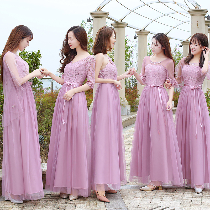 Bridesmaid Group Sister Dresses, Evening Gowns, Women's Lace Long Dresses, Wedding Dresses in Bean Paste Color, New Style