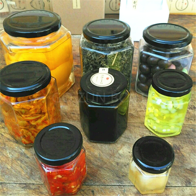 Оптовые шестигранные стеклянные бутылки для меда, флаконы для традиционной китайской медицины, баночки для мази, баночки для грушевого пюре, стеклянные банки для соуса чили, герметичные.