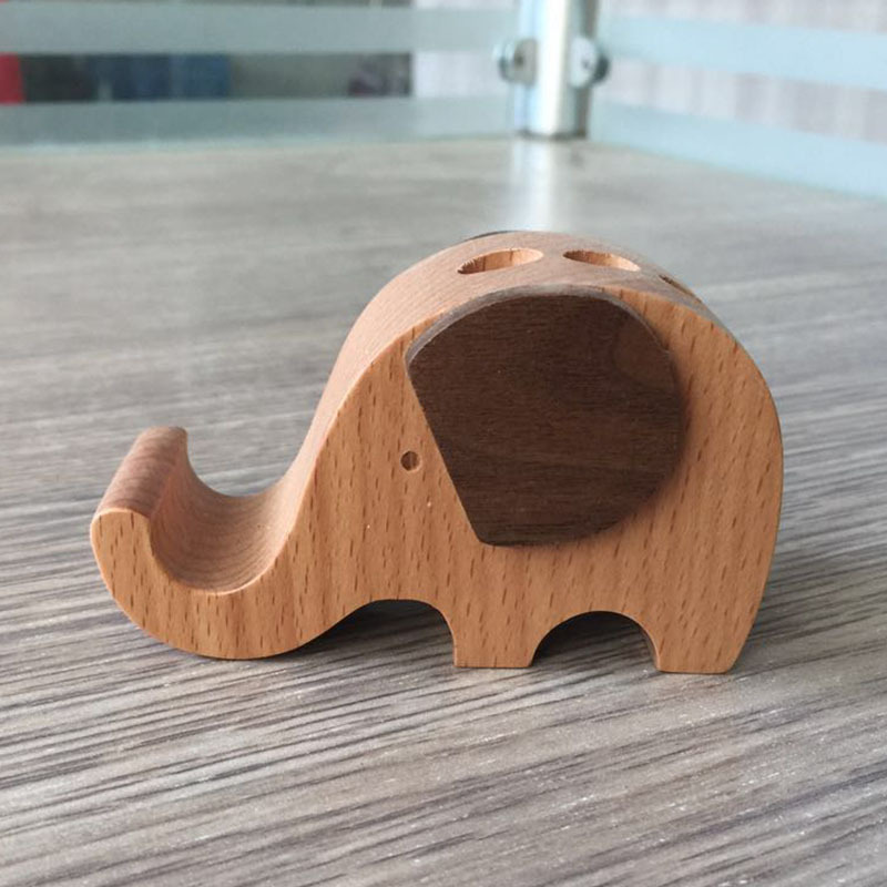 Titular de teléfono móvil de madera dibujos animados pequeño elefante titular de la pluma tarjeta de visita Multifuncional-Letras de base de teléfono móvil de madera maciza logotipo grabado