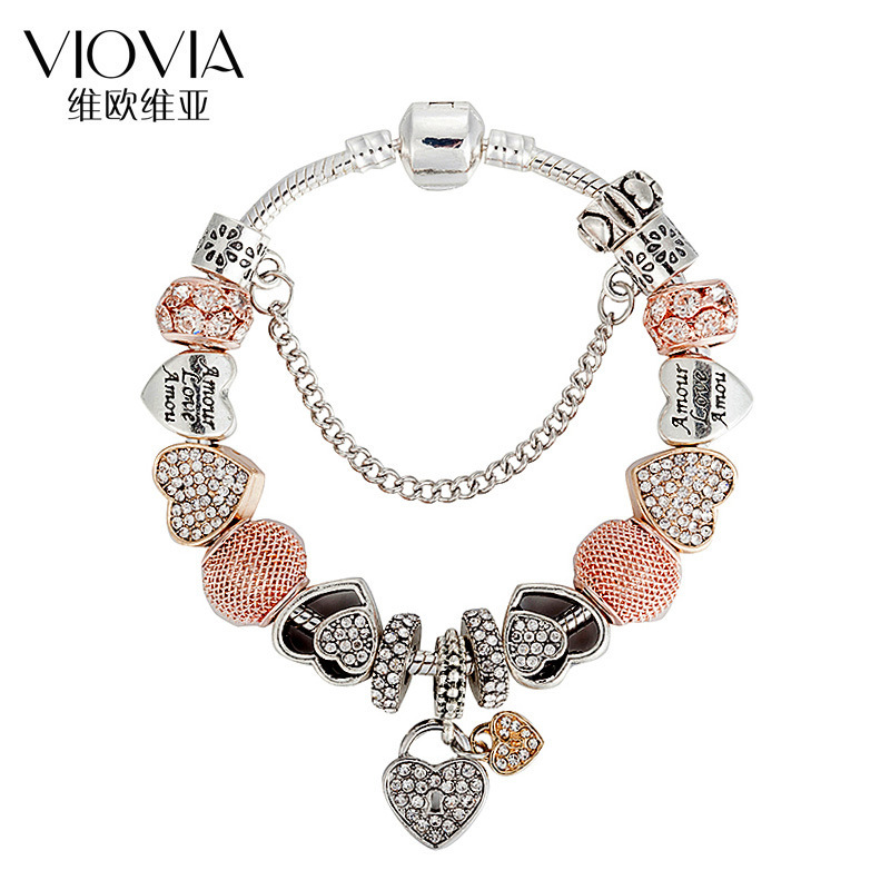 High quality Diamond Love alloy big hole beads tennis beaded bracelet DIY heart pendant bracelet wholesale