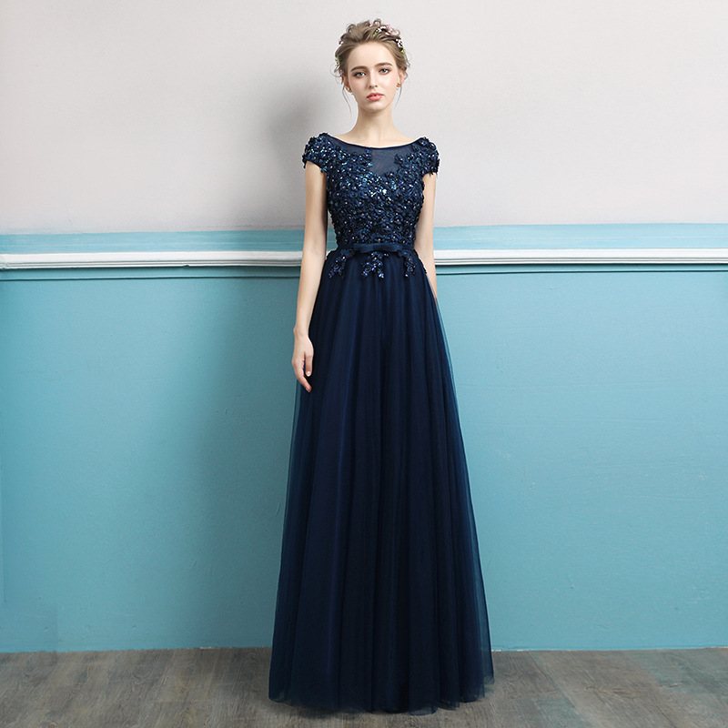 Navy Blue Banquet Evening Dress 2024 New Long Style Elegant and Graceful Slim Fit Queen Hostess Dress