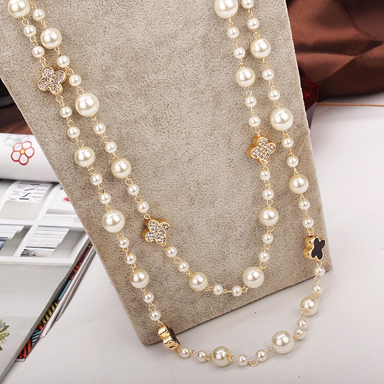 Japanese and Korean-style Long Pearl Necklace Multi-layer Four-leaf Clover Sweater Chain Women's Korean-style Accessories Clothing Pendant Simple Trendy Jewelry
