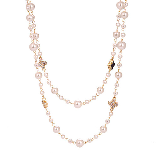 Japanese and Korean long pearl necklace multi-leaf clover sweater chain for women, Korean-style accessory clothing pendant, simple and fashionable decorations