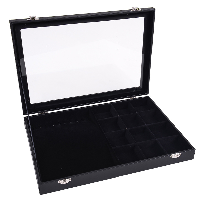 Caja de joyería negra, collar de joyería, anillo, pendientes, pulsera, caja de exhibición de almacenamiento de celosía Wenwan, vidrio a prueba de polvo con tapa
