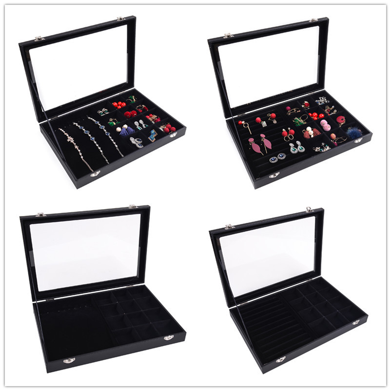 Caja de joyería negra, collar de joyería, anillo, pendientes, pulsera, caja de exhibición de almacenamiento de celosía Wenwan, vidrio a prueba de polvo con tapa