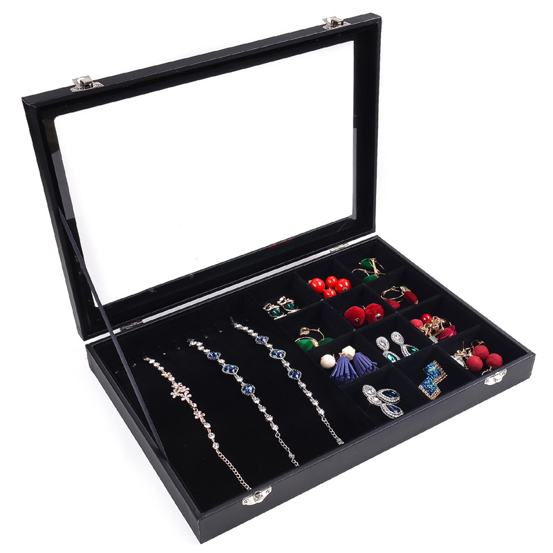Caja de joyería negra, collar de joyería, anillo, pendientes, pulsera, caja de exhibición de almacenamiento de celosía Wenwan, vidrio a prueba de polvo con tapa