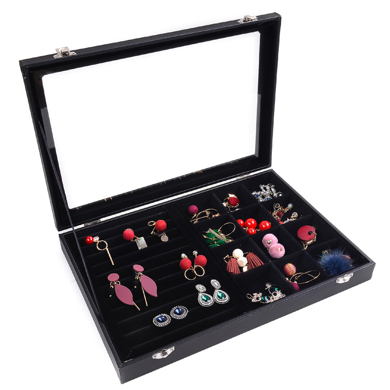 Caja de joyería negra, collar de joyería, anillo, pendientes, pulsera, caja de exhibición de almacenamiento de celosía Wenwan, vidrio a prueba de polvo con tapa