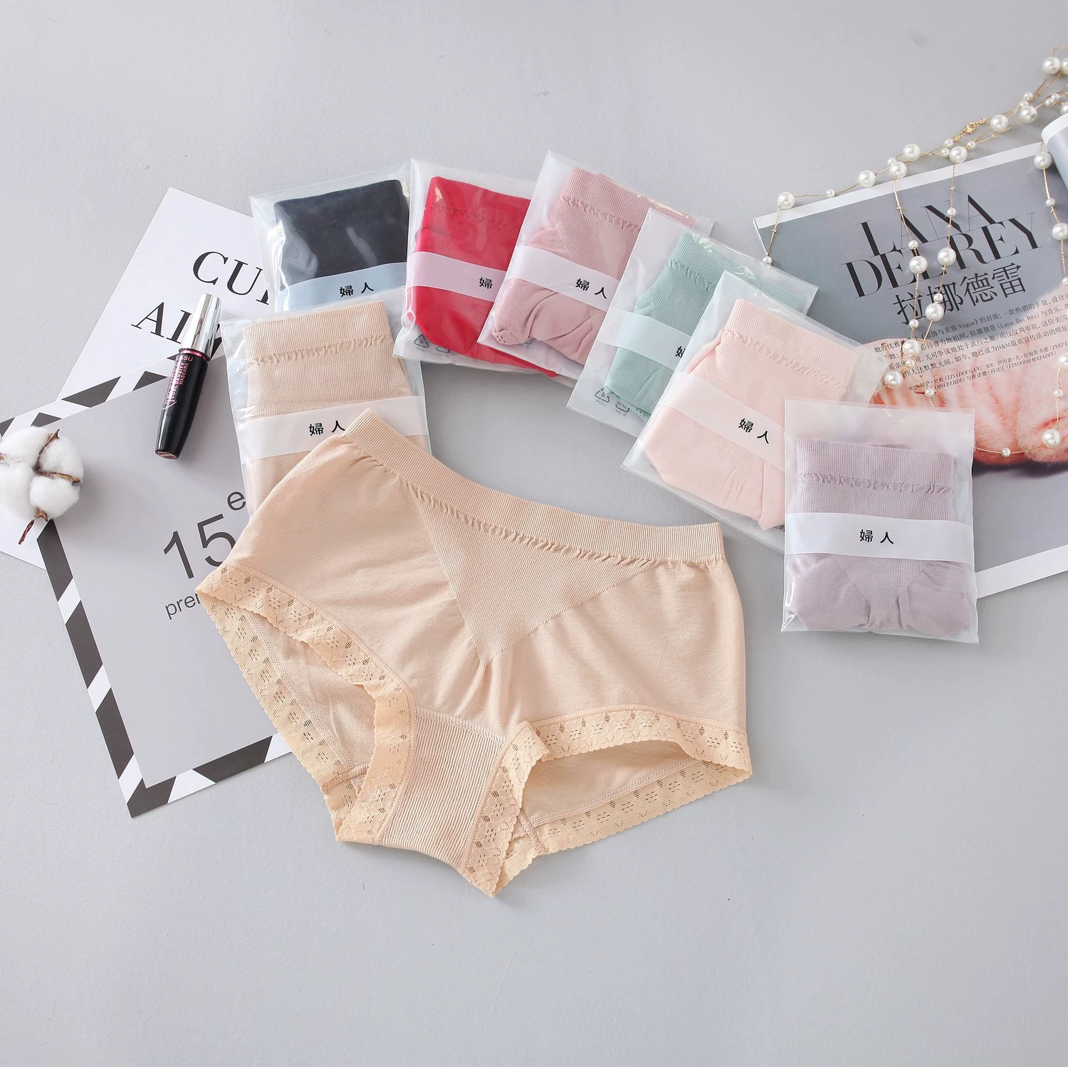 无 Underwear, elastic lace pants, mid rise