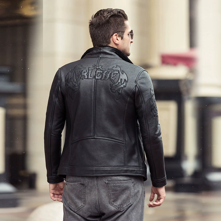 Keep warm jacket, genuine leather, slim fit, with embroidery