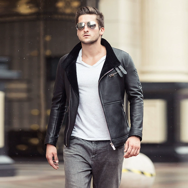 Keep warm jacket, genuine leather, slim fit, with embroidery