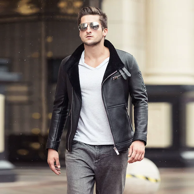 Keep warm jacket, genuine leather, slim fit, with embroidery
