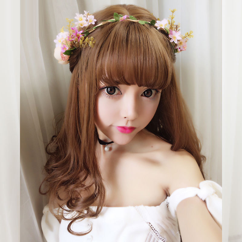 Fábrica al por mayor peluca femenina medio largo pelo rizado cara redonda aire Bangs pera flor cabeza cubierta Corea del Sur recto Bangs Pelo Rizado corto