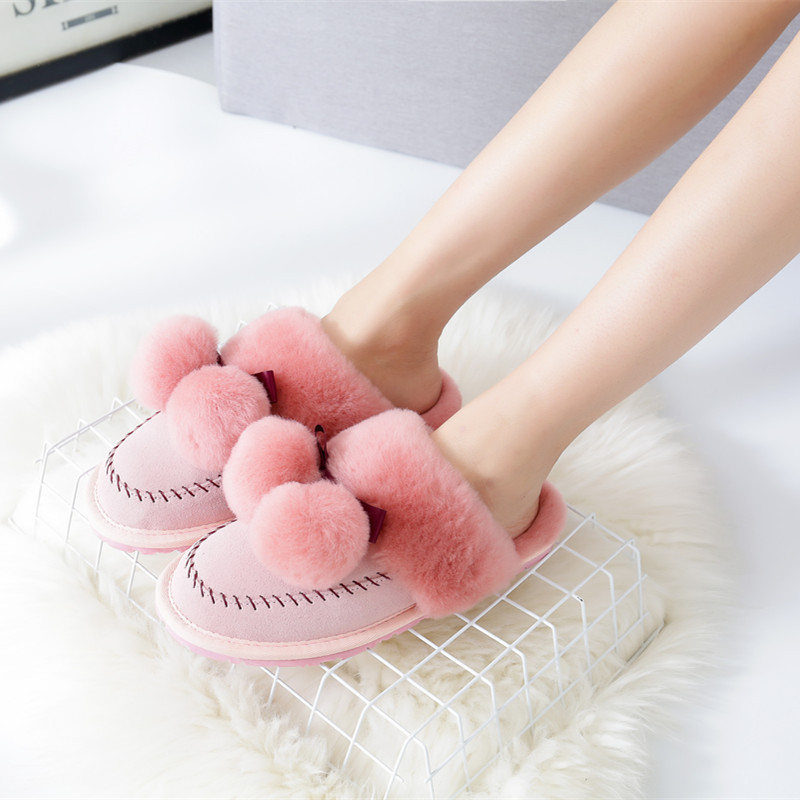 冬季新款跨境大码女毛毛球羊毛拖鞋包头羊毛一体平底家居鞋雪地靴
