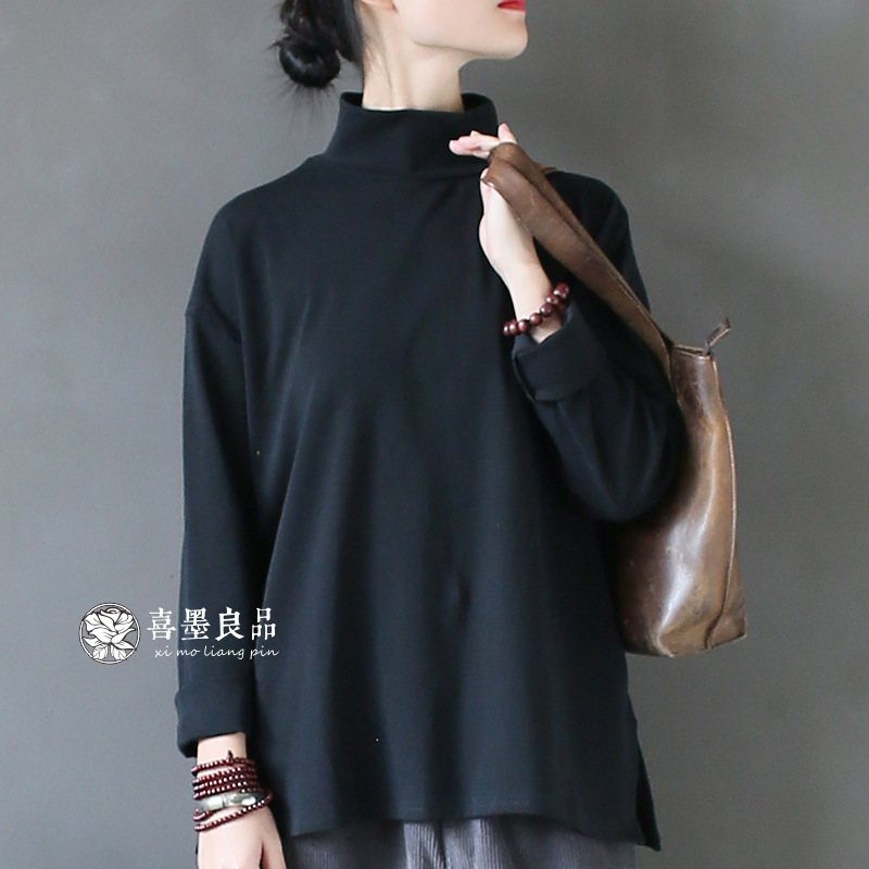 20101 Xi Mo Original Autumn and Winter Artistic All-match Thickened Loose Women's T-shirt Knitted Cotton High Collar Women's Top