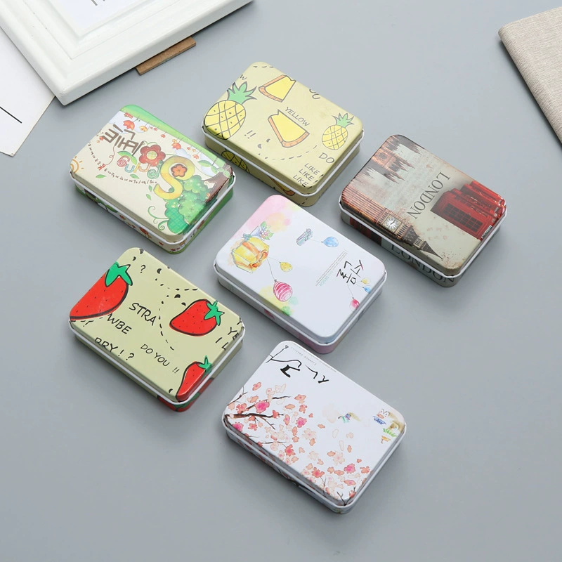 Rectangular metal tin storage box, postcard size, multiple designs, 9×6.5×2.4 cm