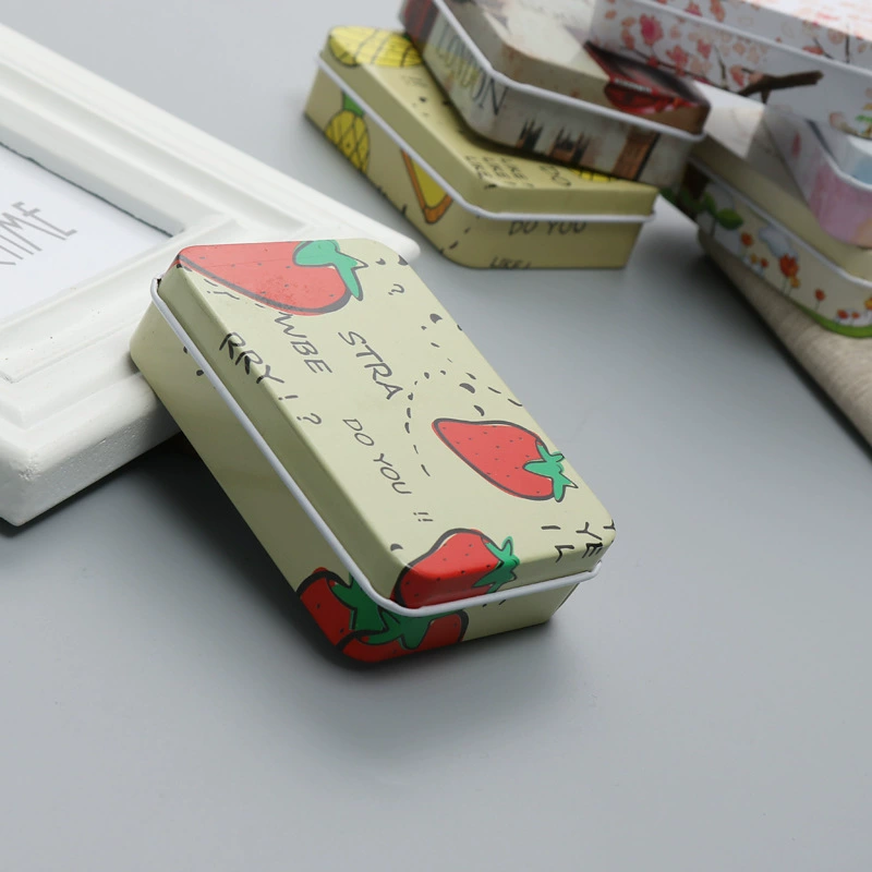 Rectangular metal tin storage box, postcard size, multiple designs, 9×6.5×2.4 cm