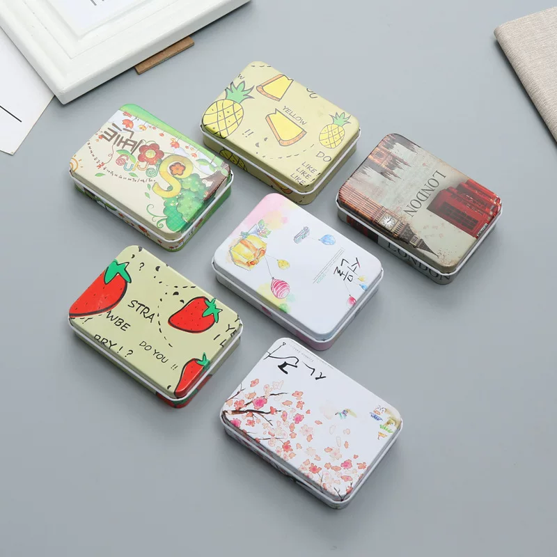 Rectangular metal tin storage box, postcard size, multiple designs, 9×6.5×2.4 cm