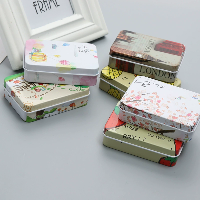Rectangular metal tin storage box, postcard size, multiple designs, 9×6.5×2.4 cm