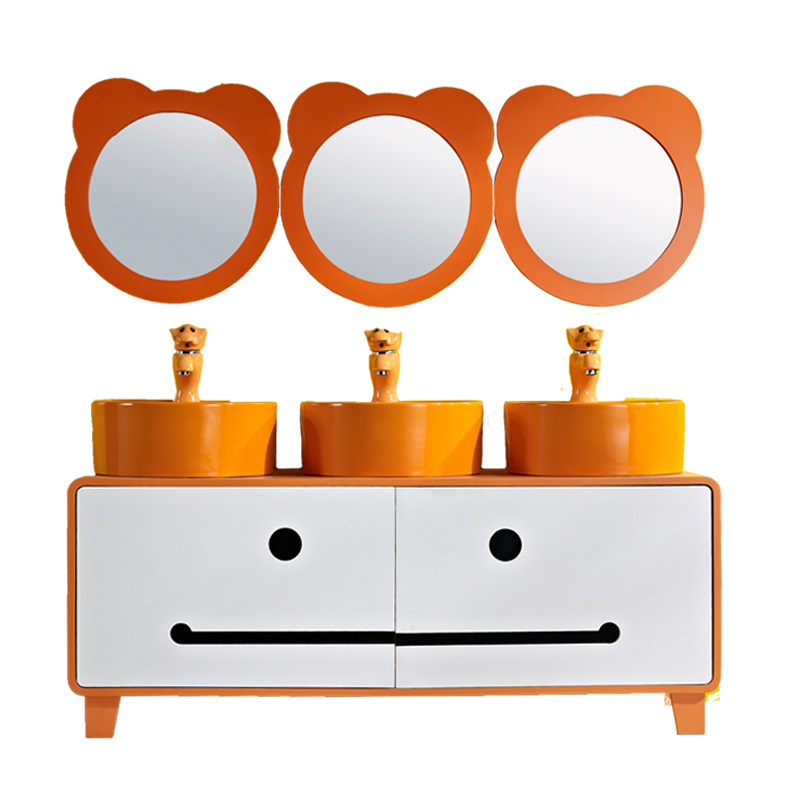 Kindergarten niños lavabo gabinete combinación doble lavabo cerámica dibujos animados lindo color baño lavabo mesa de lavado