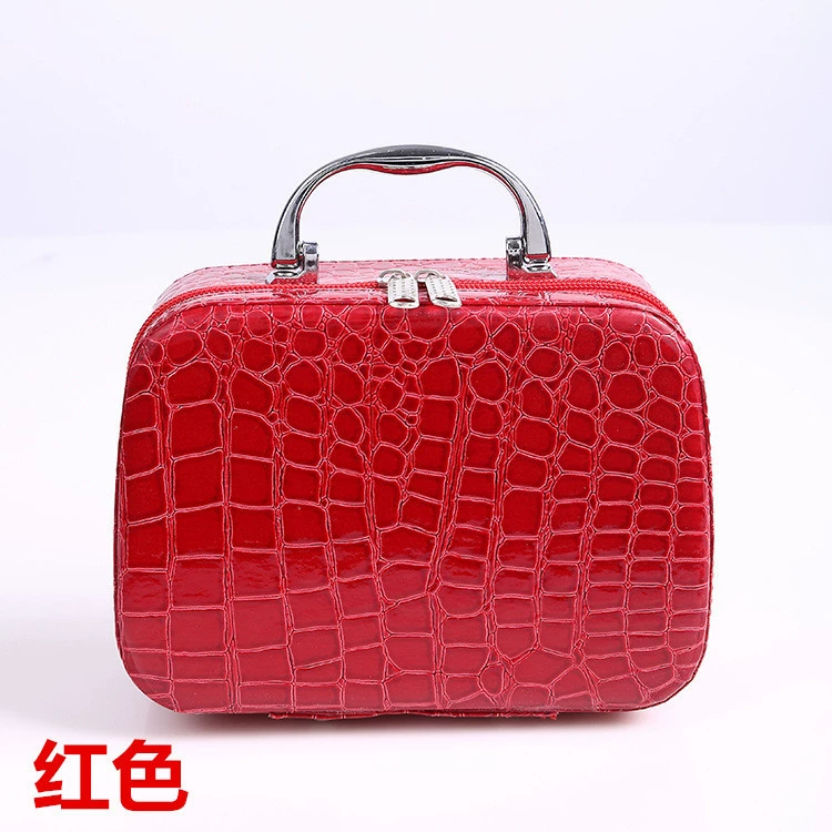 Handheld Square Makeup Box with Mirror, Korean Style PU Cosmetic Case, 17.5×19.5×13.5 cm