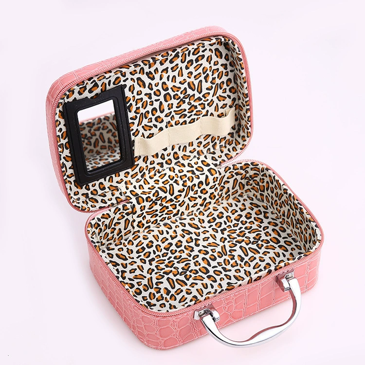 Handheld Square Makeup Box with Mirror, Korean Style PU Cosmetic Case, 17.5×19.5×13.5 cm