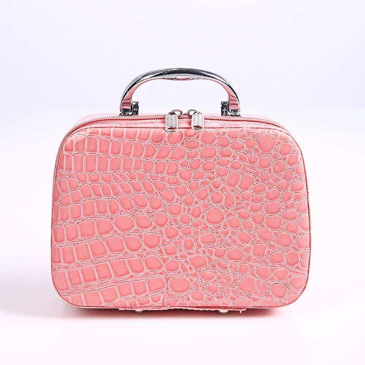 Handheld Square Makeup Box with Mirror, Korean Style PU Cosmetic Case, 17.5×19.5×13.5 cm